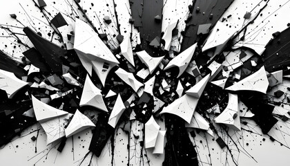 White Geometric Shapes Exploding Outward with Black Ink Splatter – Abstract Concept Representing Chaos, Digital Fragmentation, and Visual Impact