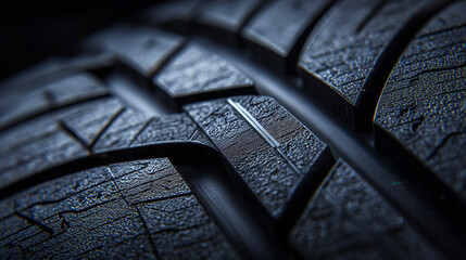 A close up of a dark tire tread pattern showing the texture and grooves in high detailed resolution