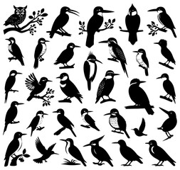 Birds black silhouettes isolated on white background. Bird vector illustration.