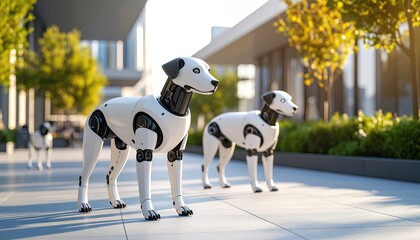Futuristic robot dogs on city street