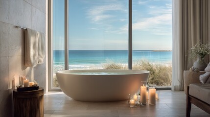 Fototapeta premium Serene Bathing Space with Modern Freestanding Tub, Ocean View, Natural Light, Tranquil Atmosphere, Elegant Decor, and Inviting Candle Arrangement