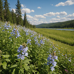 Blue wildflowers blooming along river shore under sunny sky  