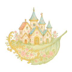 Naklejka premium PNG Whimsical castle on leaf