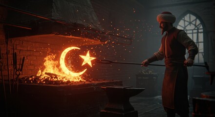 A Blacksmith Forges the Crescent Moon and Star Symbol in a Fiery Furnace: A Digital Artistic Depiction of Islamic Heritage