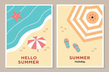 Summer Beach Scenes Flat Design Posters with Starfish Umbrella and Flip- Flops