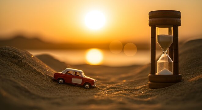 Hourglass with sand dropping and a toy car on sand. Time passing. Trip and journey concept. Travel and vacation time.