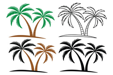 Fototapeta premium Stylized Palm Tree Illustrations in Green Brown Black and Outline