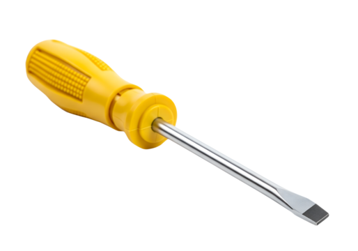 Flathead screwdriver with yellow handle isolated on transparent background