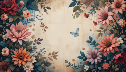 Vintage Floral Border with Colorful Flowers, Leaves, and Blue Butterfly on Textured Background – Decorative Still Life Representing Botanical Whimsy, Elegant Framing, and Natural Grace
