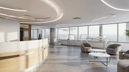 Modern dental clinic reception area with city view and waiting room