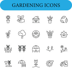 Gardening icon set. Elements include potted plants, a hand holding a sprout, a house, leaves, trees, a flower within a circle, and a coffee plant icon.