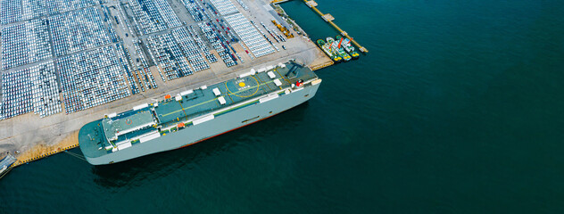 Aerial view ro-ro ship, Cargo ship transportation of business logistic sea freight, New Cars...