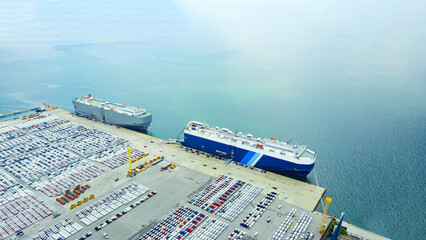 Aerial view ro-ro ship, Cargo ship transportation of business logistic sea freight, New Cars...