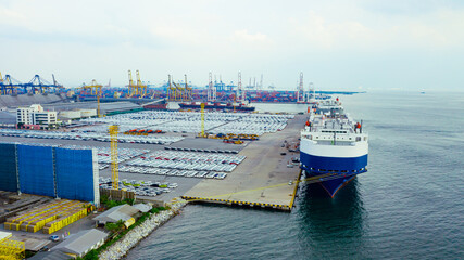 Aerial view ro-ro ship, Cargo ship transportation of business logistic sea freight, New Cars...