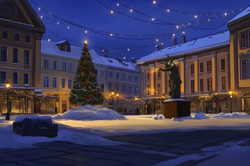 Winter Holiday Square Illuminated by Festive Christmas Tree Lights and Streetlamps