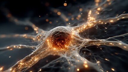 Highly detailed illuminated neuron with glowing warm-hued cell body, intricate dendrites, and axons branching like webs, highlighted by soft golden light against dark blurred background, 