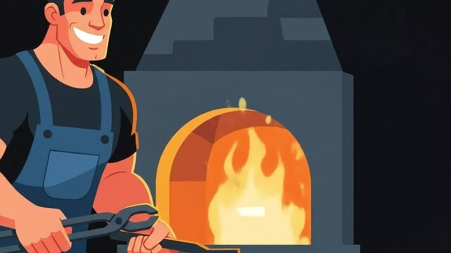 cartoon animation of a blacksmith in an apron on a dark background. A blacksmith forges iron.