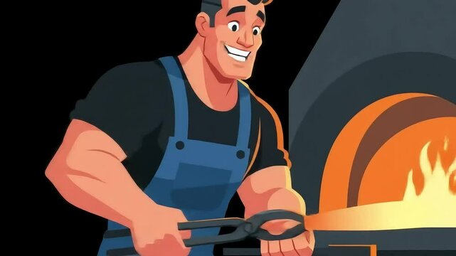 cartoon animation of a blacksmith in an apron on a dark background. A blacksmith forges iron.