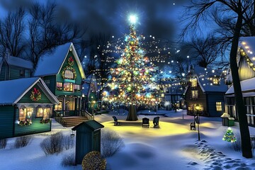 Enchanting Snow Covered Village Illuminated by a Dazzling Christmas Tree