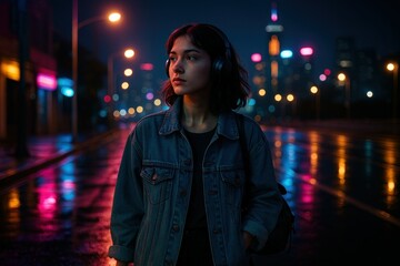 Young Woman Standing on Wet City Street at Night, Colorful Neon Lights