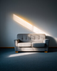 Sofa in a room with light streaming in from the window creating a bright spot on the wall and carpet