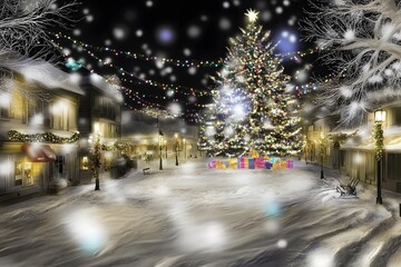 Cozy Snowy Evening Scene Illuminated by Twinkling Christmas Lights and Decorated Trees