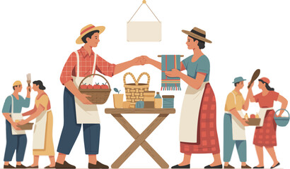 People exchanging goods at a barter system market with baskets and textiles on a wooden table stand