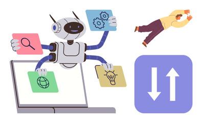 AI-powered robot managing tasks with digital tools, person floating in background, directional data arrows. Ideal for AI, automation, innovation, productivity, creativity, data flow futuristic