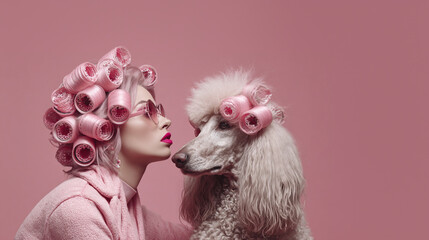 Woman and her dog both wearing curlers. A humorous and heartwarming concept perfect for pet grooming ads, self-care campaigns, beauty brands, and lifestyle marketing with a fun twist