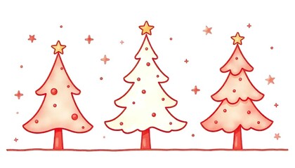 Three stylized Christmas trees, against a white background, creating a whimsical, hand-drawn aesthetic. Christmas card or a simple graphic design element. Flat design, cartoonish, line art, outline