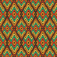 a bold color palette of orange, yellow-green, red, and dark brown