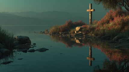 Nature landscape with a wooden cross reflecting in calm waters near a colorful shore at dawn