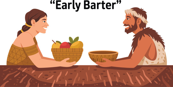 Woman and man exchanging goods in woven baskets during early barter system in ancient civilization era