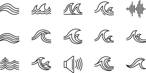 Vector art of a collection of wave icons representing water, the sea, and sound frequencies in a simple, modern design