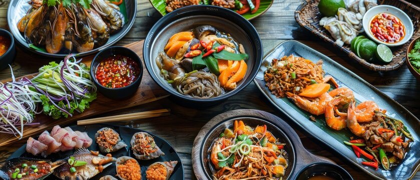 Thai kitchen, Various of Delicious Thai food are Served on table at Northern Thai restaurant. Thai food background and Culinary menu concept.