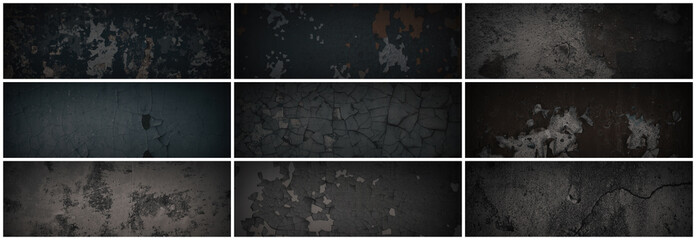 Set of dark panoramic background textures. Collection of wide textures with peeling paint, cracks,...