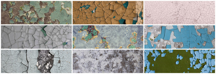 Set of peeling paint textures. Old concrete walls with cracked flaking paint. Weathered rough painted surfaces with patterns of cracks and peeling. Collection of wide panoramic backgrounds for design.