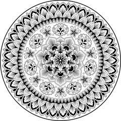 Round floral pattern, wall or page decoration. Black color only. 