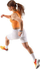 Athletic female runner in motion wearing orange top and white shorts with energetic hair movement....