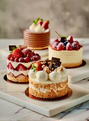 Assorted Mini Cakes with Fresh Berries and Cream on Marble Surface