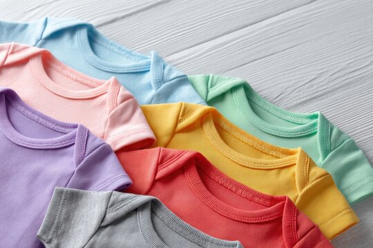 Baby onesie set. White wooden background. Fashion newborn clothes. Top view. Kids soft clothing. Infant trendy cotton bodysuit. Pastel color. Gender neutral. Variety stylish child wear sale. Kid dress - Powered by Adobe