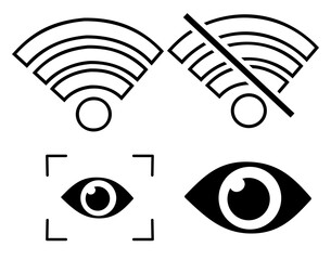 Wifi Signal Silhouette Icon Set crossed out and not, Plain eye icon and Eye Icon with line 4 Tick and cross icons, isolated on white background	