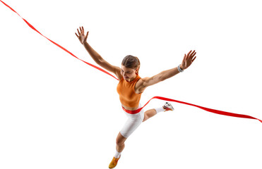 Female athlete crossing red finish ribbon running, on transparent background. Concept of victory,...