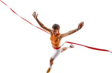 Female athlete crossing red finish ribbon running, on transparent background. Concept of victory, determination, goal achievement, high energy emotion.