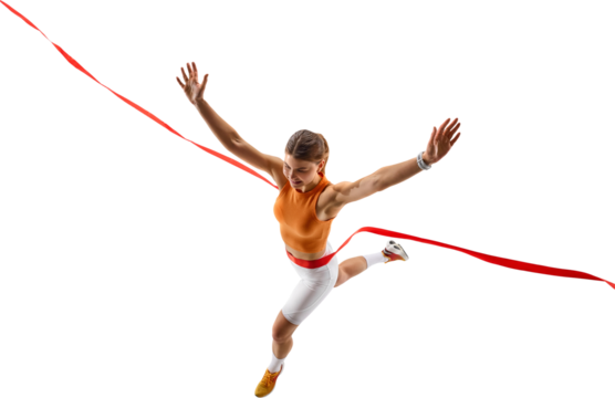 Female athlete crossing red finish ribbon running, on transparent background. Concept of victory, determination, goal achievement, high energy emotion.