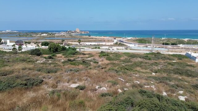 Flying over Atlit a coastal ancient town located south of Haifa, view from Karta ruins,  Israel, Mediterranean sea