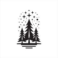 Fototapeta premium Silhouetted stylized graphic of three pine trees under a starry night sky.