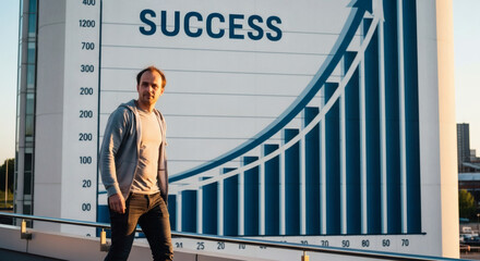 A man in casual attire walks confidently past a large building displaying a rising success graph with an upward arrow, symbolizing growth and achievement