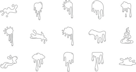 Fototapeta premium Vector art of a set of dripping liquid icons illustrating various forms of fluid drips and splatters in a minimalist line style