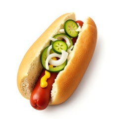Hot Dog with Mustard, Cucumber, and Onions Isolated on White – Delicious Street Food Image
